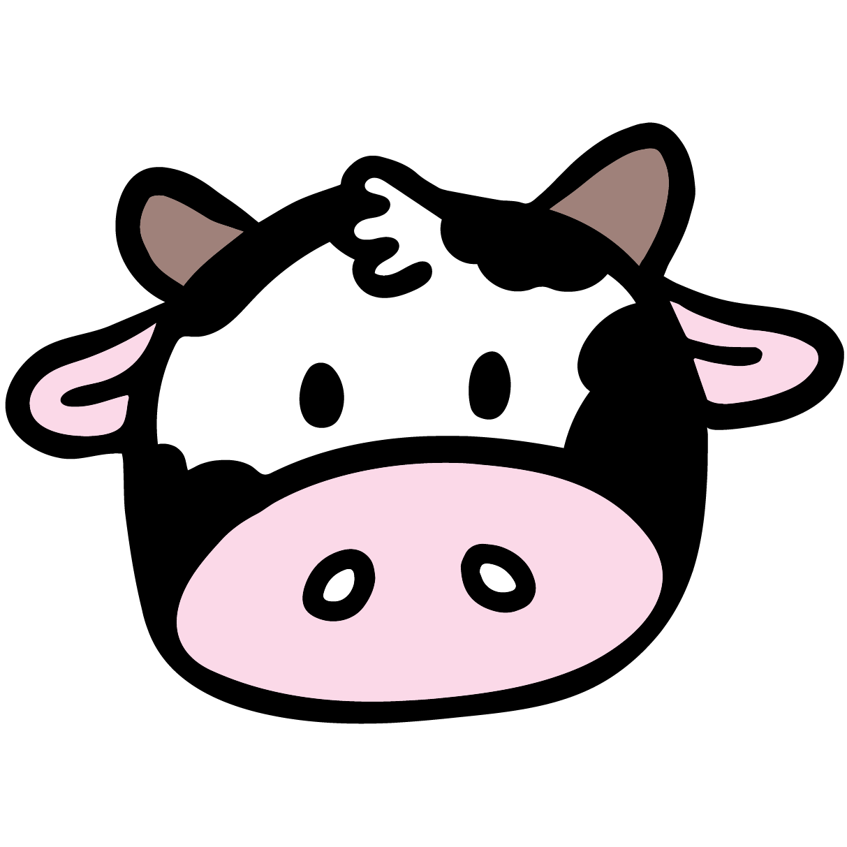 Cartoon cow face with black, white, and pink colors on a white background